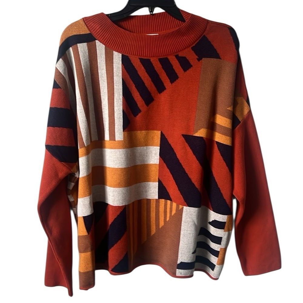 NWT SKFK Karle Organic Cotton Orange Blue Gold Print Knit Sweater